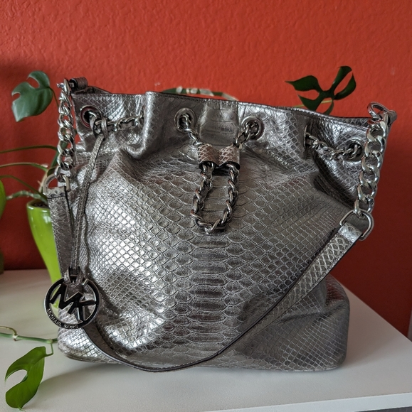 Michael Kors Handbags - Michael Kors, Frankie Metallic Python Embossed Leather Bag